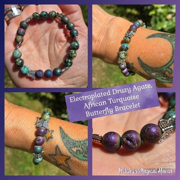Electroplated Druzy Agate, African Turquoise & Butterfly Charm Bracelet - Picture 1 of 7